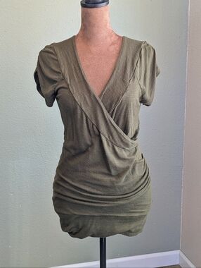 Vintage Vanity Olive Green Wrap-Style Short Sleeve Top